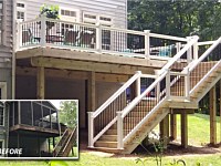 <b>We removed existing deck, stairs, and screen room. Repaired siding to match existing. Installed new deck and fascia using Pressure Treated wood. Handrail standard white vinyl w/ black aluminum balusters.</b>
